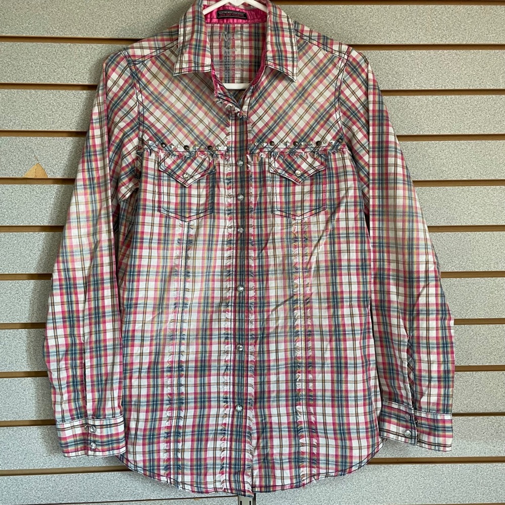Rock‎ 47 by Wrangler Womens Plaid Western Shirt Rhinestone Studded Long Sleeve M